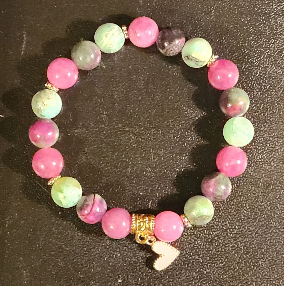 Pink and Green AKA Stone Bracelet with Charm 7"-8" in Length (GOLD) - Picture 3 of 4
